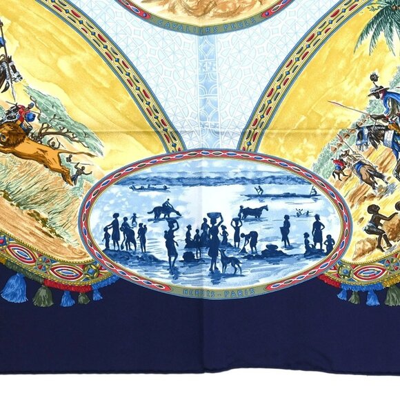 Hermes Scarf Carre 90 Cavaliers Peuls Navy Small Good - Picture 2 of 7